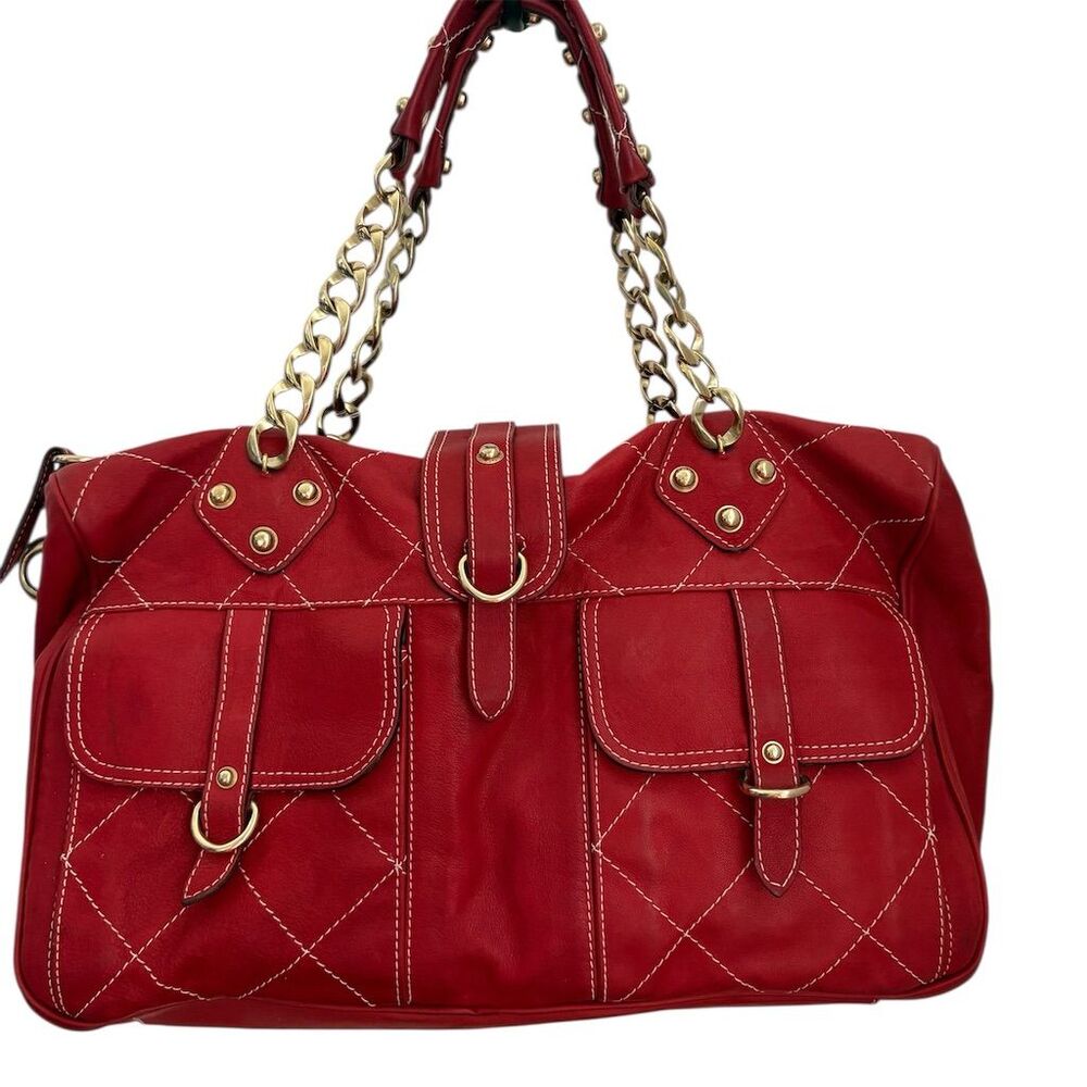 MANIA Women's‎ Red Leather Shoulder Bag w/ Gold Chain Handles made in Italy